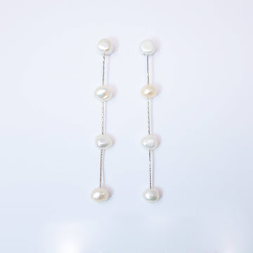 4 Freshwater Cultured pearl Bezel Earrings, 14k gold plated Long Bridal Jewelry, Sterling Silver Pearl Bridal Earrings, Statement Earrings.